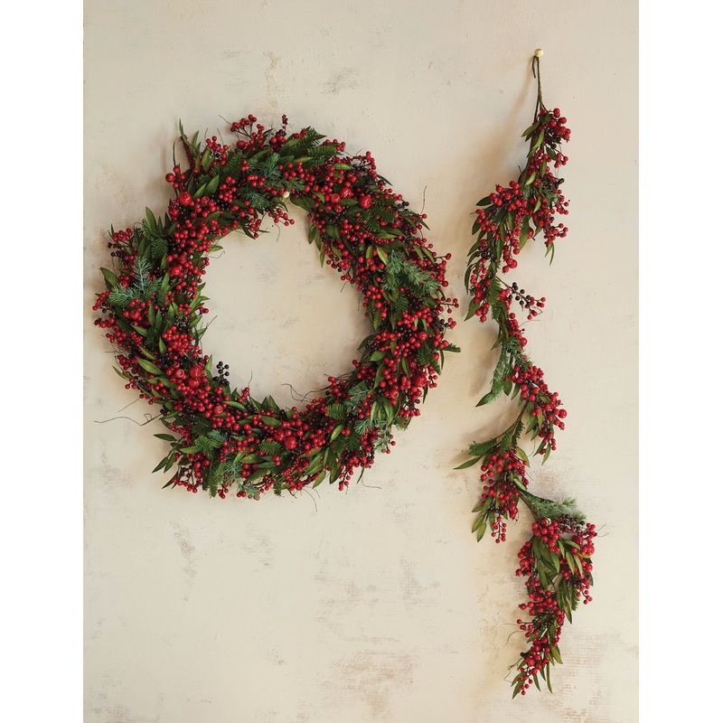 Faux Spruce Wreath with Red Berries and Pinecones Large