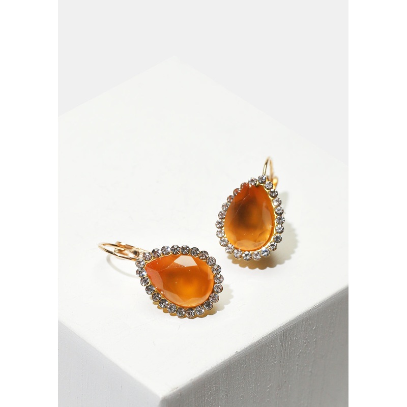 Rhinestone-Studded Teardrop Gemstone Earrings Orange