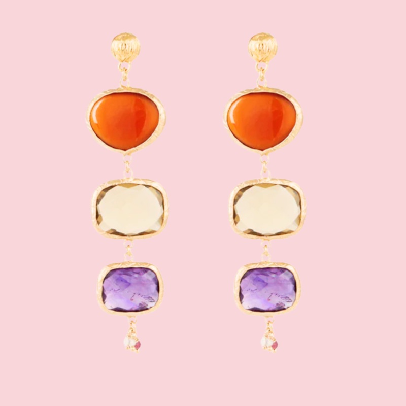 Silene earrings gold – Carnelian, Clear Yellow Calcite & Amethyst
