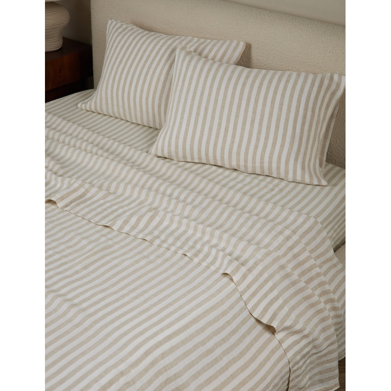 Thayer Striped European Flax Linen Sheet Set Natural and Ivory Queen
