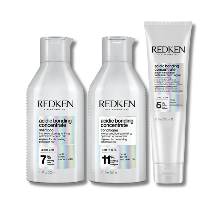 Redken Acidic Bonding Concentrate Shampoo 300ml, Conditioner 300ml and Leave-In Treatment 150ml Bond Repair Bundle