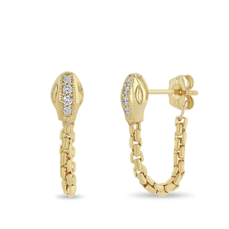 14KT  PAV DIAMOND SNAKE HEAD BOX CHAIN HUGGIE EARRINGS SINGLE