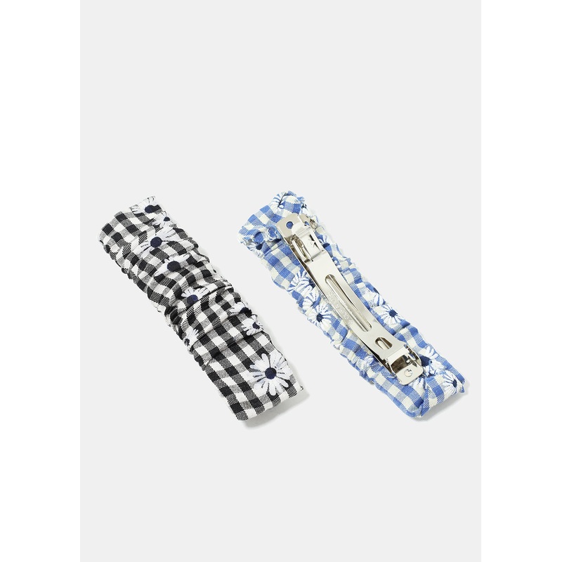 Plaid & Flower Print Hair Pin Pink