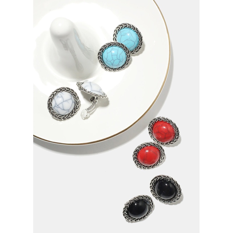 Marble Circle Clip Earrings Teal