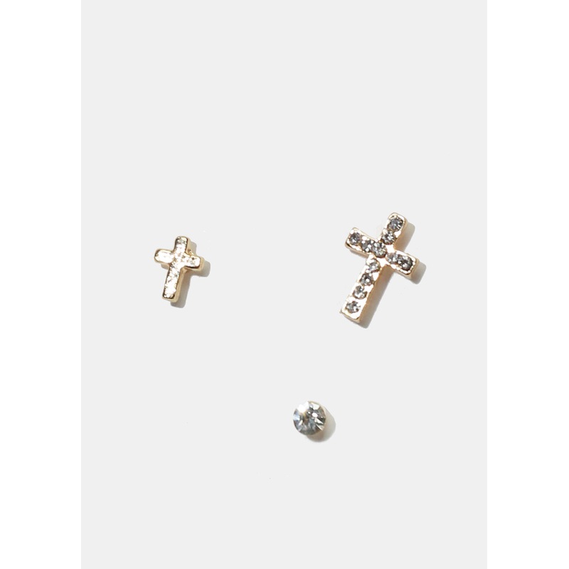 3-Pair Rhinestone Cross Stud Earrings Gold