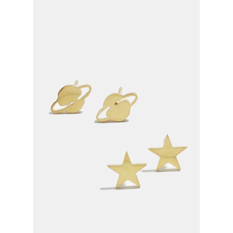 Planet and Stars Stud Earrings Set Gold