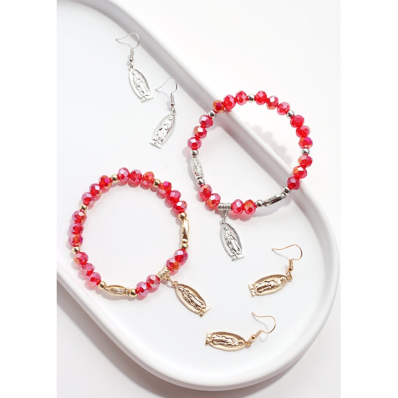 Red Virgin Mary Bead Bracelet & Earring Set Gold