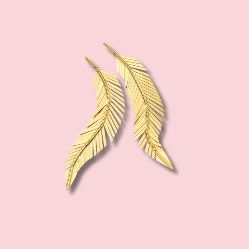 Feather Earrings, Large Yellow Gold