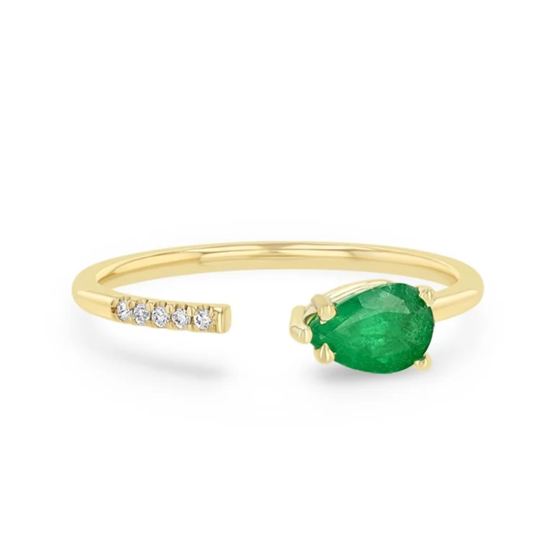 14K PEAR EMERALD & PAV DIAMOND OPEN RING