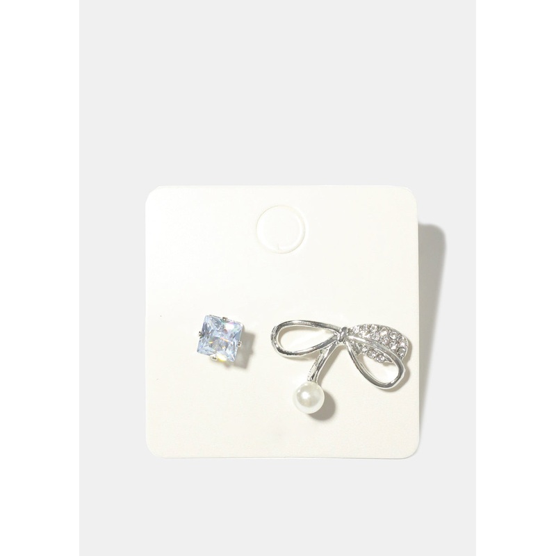 Rhinestone and Bow with Pearl Earrings Gold