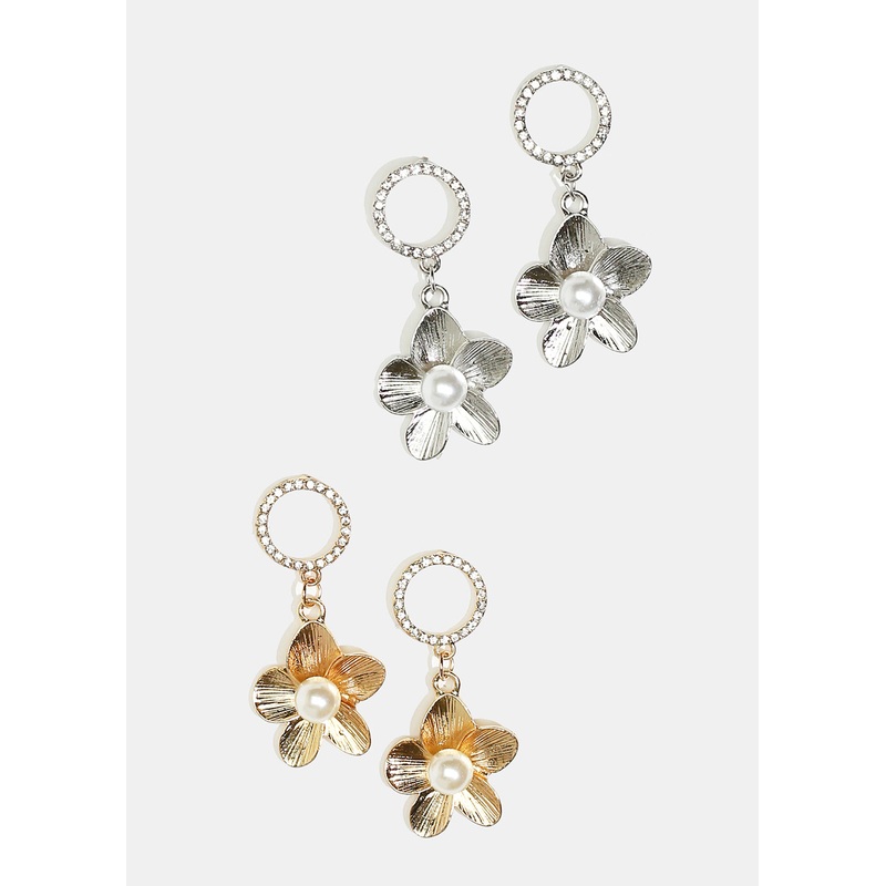 Sparkly Circle & Flower Dangle Earrings Gold