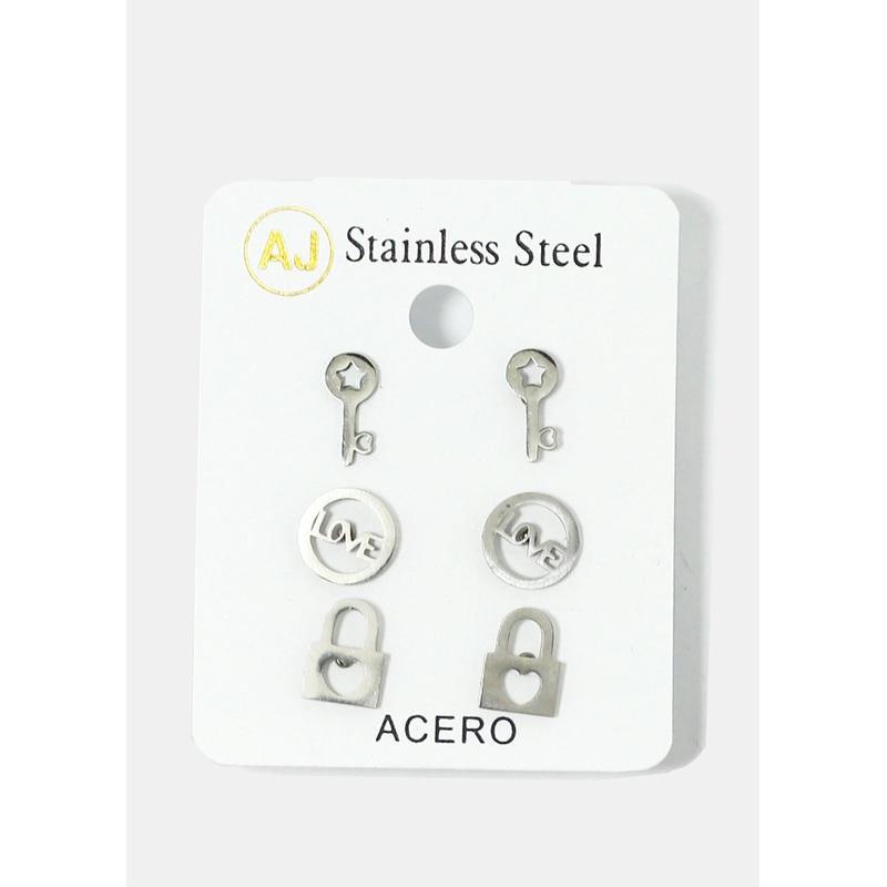 3-Pair Key & Lock Stud Earrings Gold