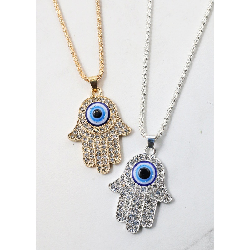 Rhinestone Hamsa Hand Necklace Gold