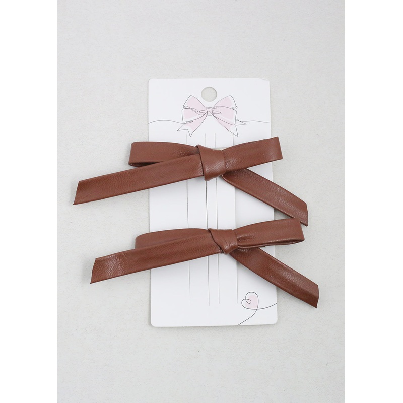 2 PC Chic Faux Leather Bow Hairclip Brown