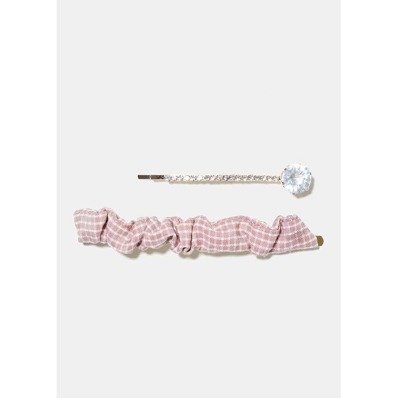2 Piece Plaid & Gemstone Hair Pins Purple