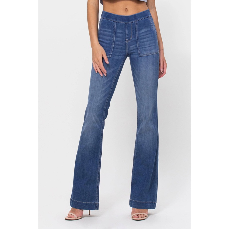 Cello Paige Mid-Rise 70’s Patch Pocket Elastic Waistband Flare Jeans AB36651M Small