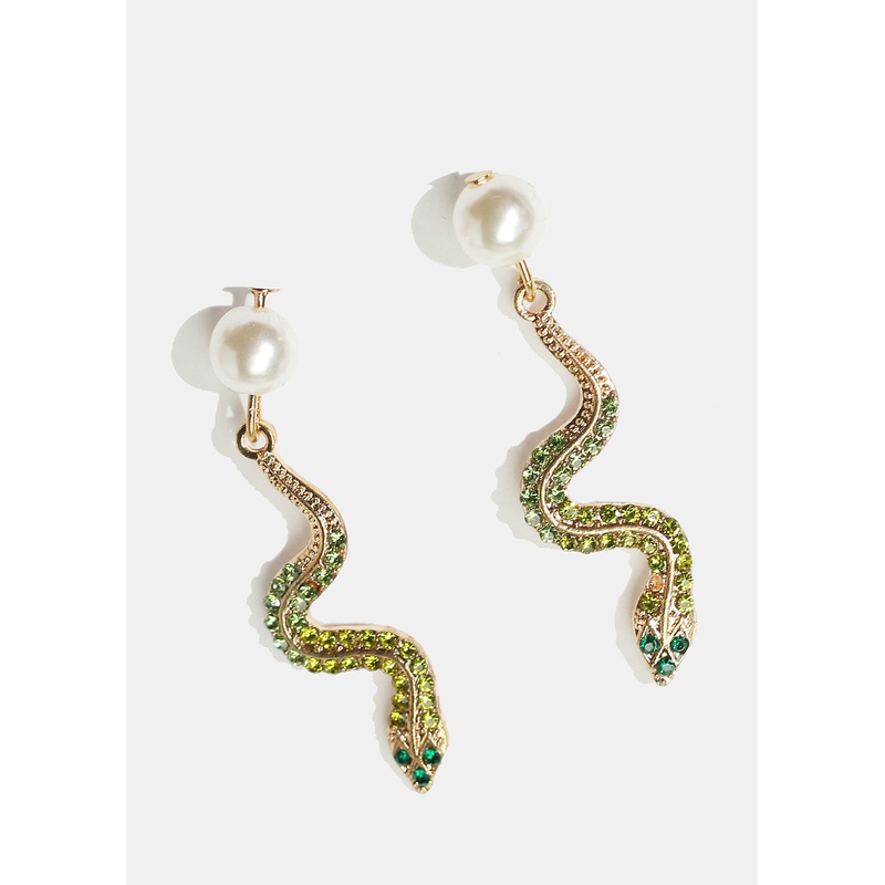 Rhinestone & Pearl Snake Earrings Gold