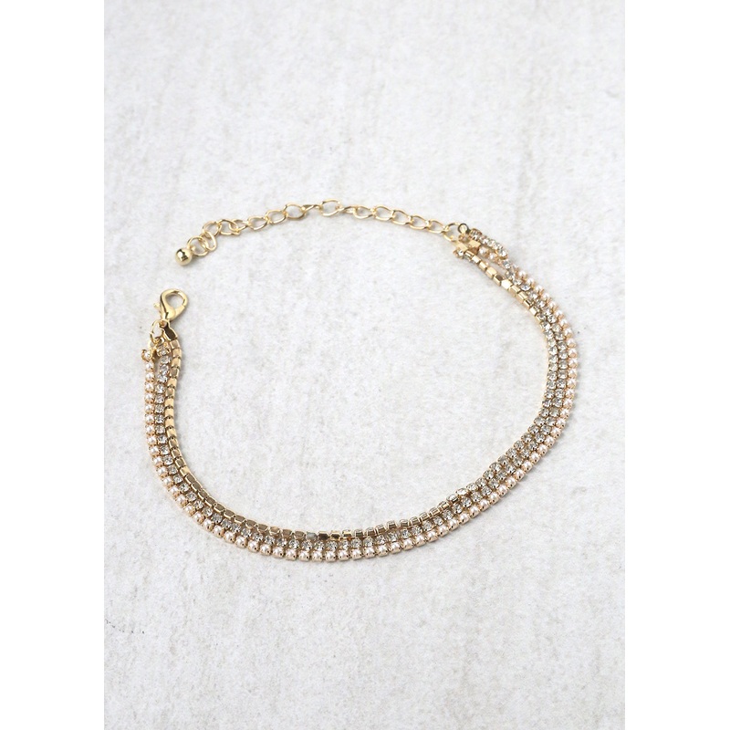3 Layered Rhinestone Anklet Gold