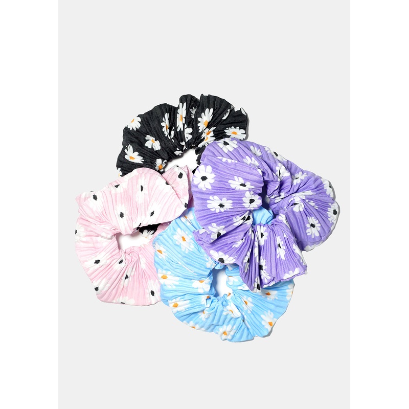 Pleated Flower Print Scrunchie Purple
