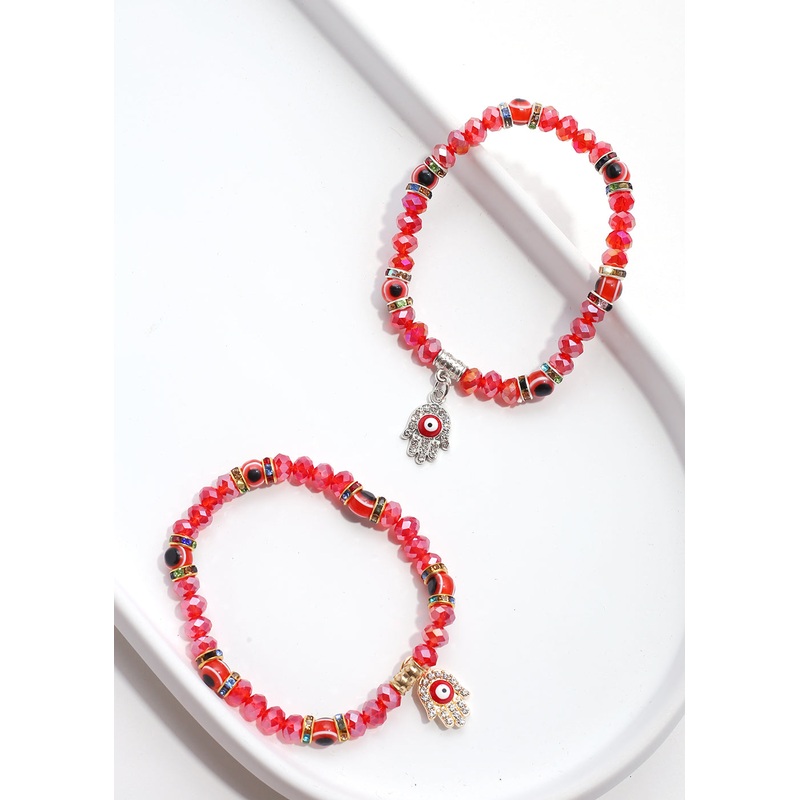 Red Hamsa Hand Bracelet with Multi Rhinestones Gold