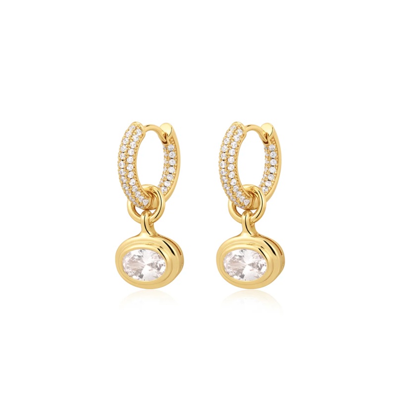 The Oval Double Bezel Charm Huggies Gold