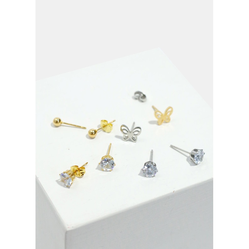 3-Pair Butterfly & Gemstone Stud Earrings Gold