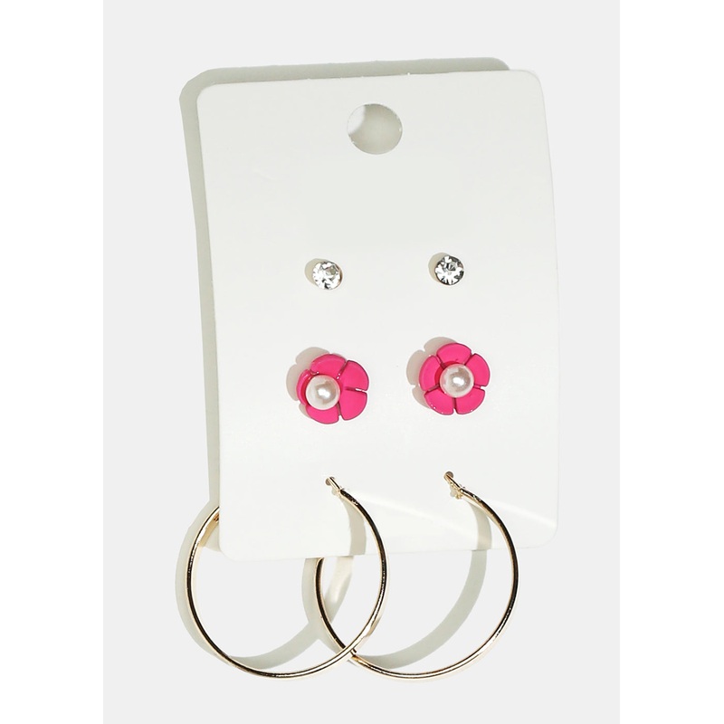 3-Pair Flower Stud & Hoop Earrings Pink