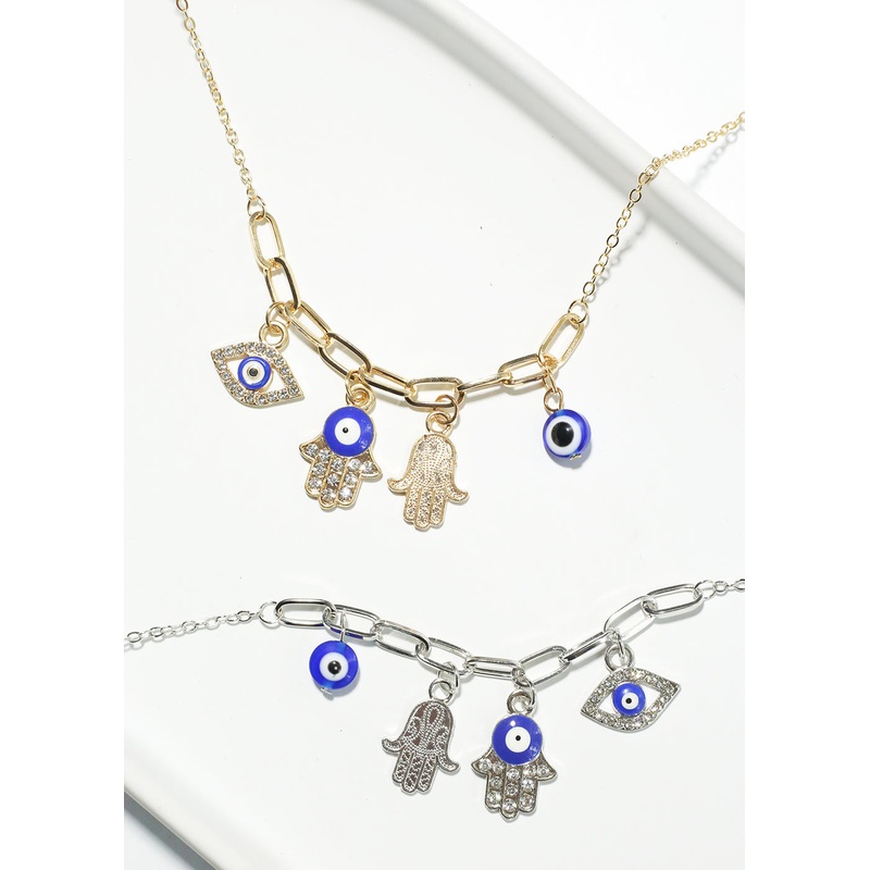 Hamsa Hand & Evil Eye Necklace Gold