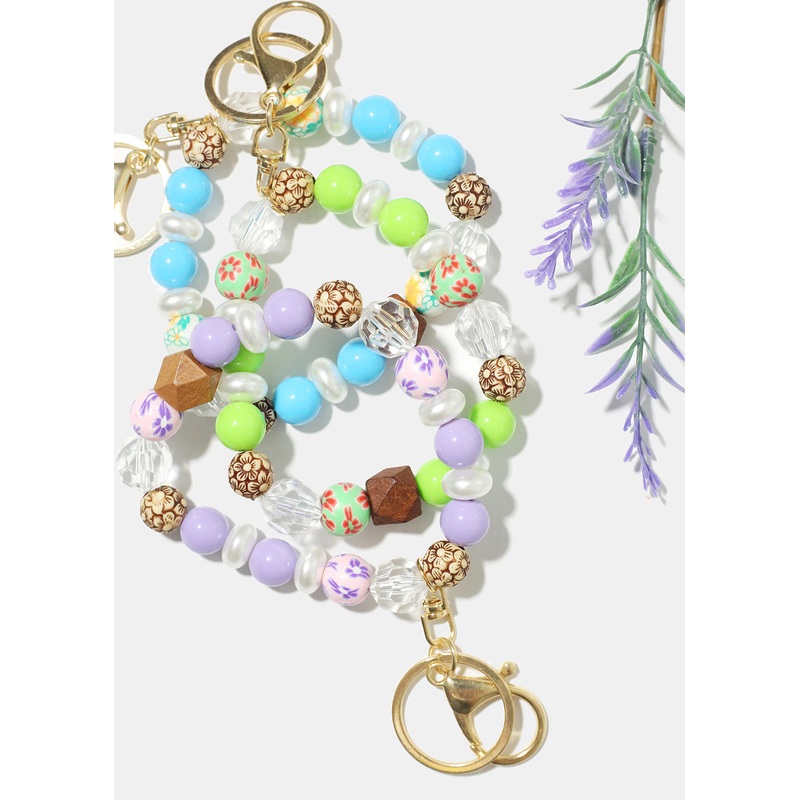 Wood and Pearl Bead Keychain Bracelet G. Red