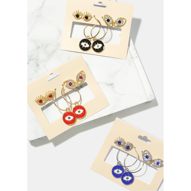 3 Pair Evil Eye Earrings G. Blue