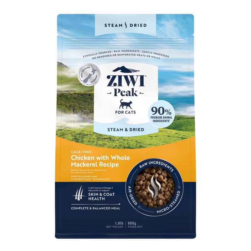 Steam & Dried Cat Food – Cage-Free Chicken w/ Mackerel  High Protein, Skin & Coat Health, Low Carb, for All Life Stages (VIP Discount) 1.8 lbs