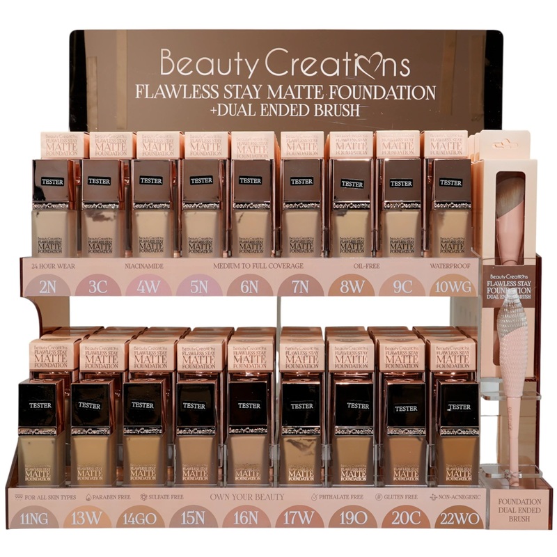 Beauty Creations Flawless Stay Matte Foudation – Wholesale Display 90 Units + 18 Tester + 6 Brushes (FSMF-AD18)