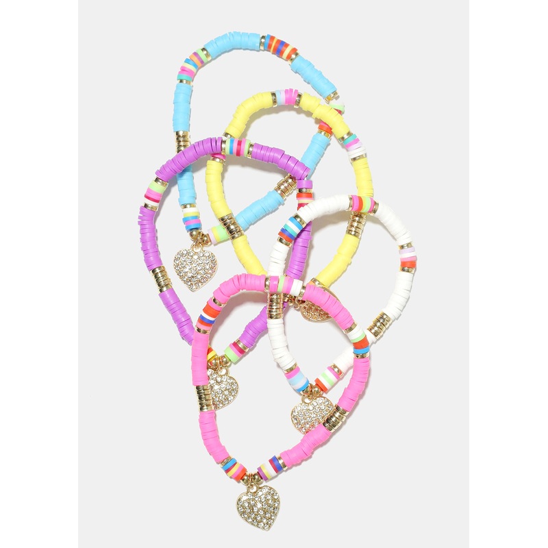 Rhinestone Heart Charm Beaded Bracelet Gold blue
