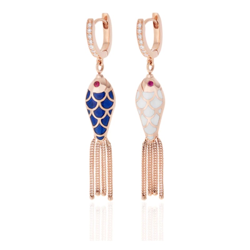 SELIM MOUZANNAR FISH FOR LOVE EARRINGS NAVY BLUE & IVORY DIAMONDS-RUBIES Pair