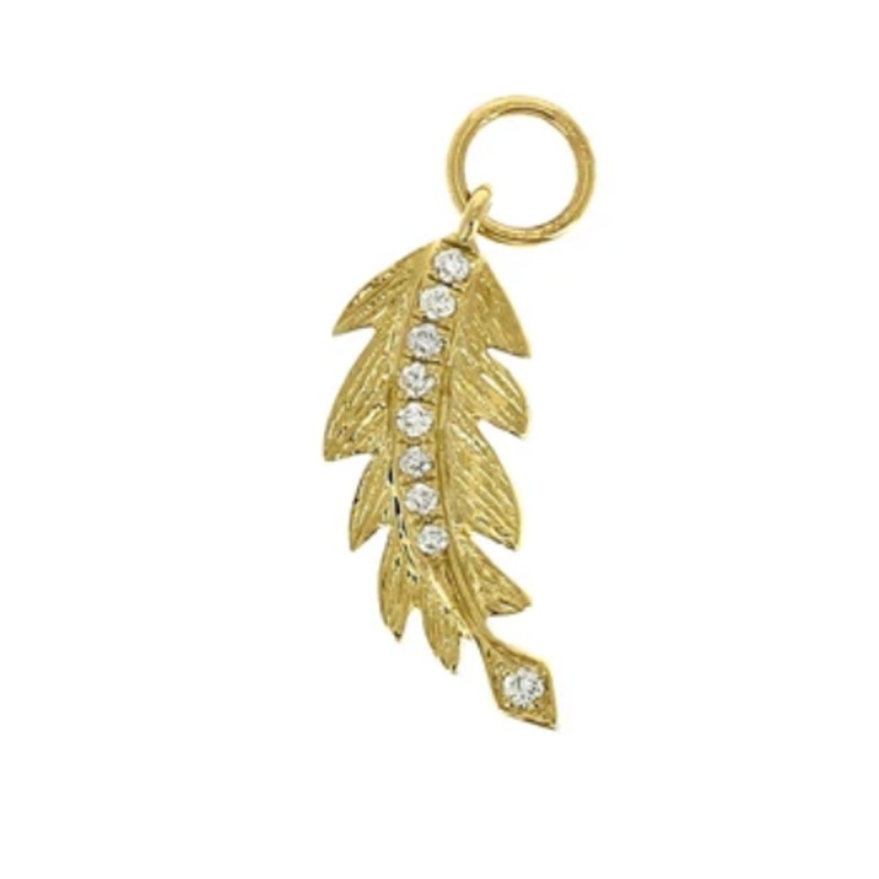 Small Etched Feather Pave Diamond Center Yellow Gold