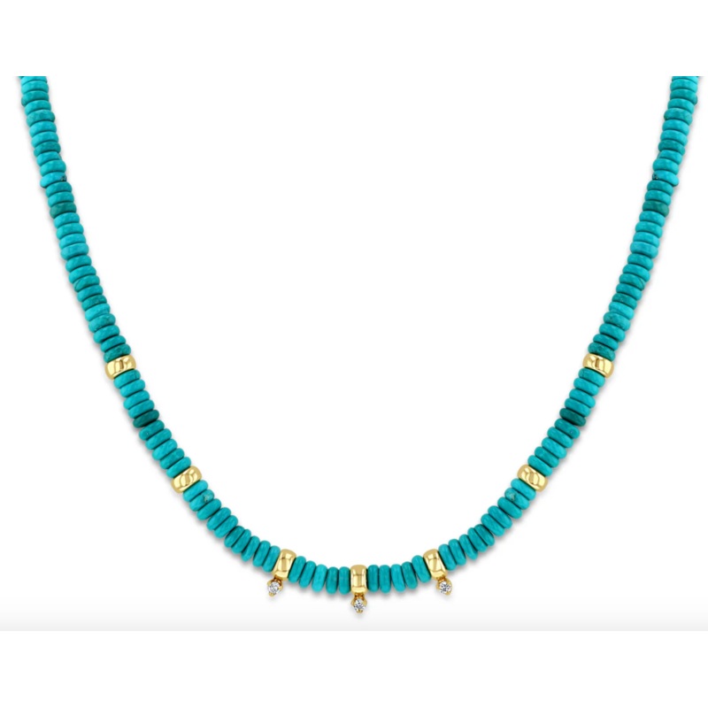 14K GOLD & TURQUOISE RONDELLE BEAD NECKLACE WITH 3 PRONG DIAMONDS