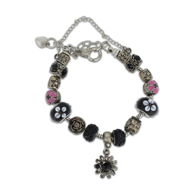 Khloelle Charm Bracelet Black And Pink Flowers LC0070994