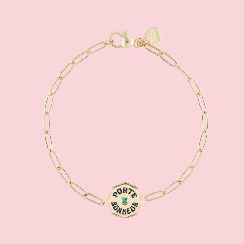 Petite Porte Bonheur Bracelet with Black Enamel and Emerald Center Stone in Yellow Gold 6