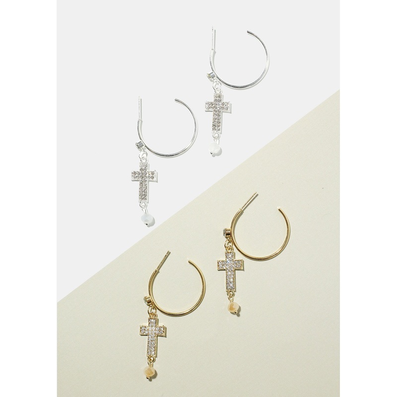 Rhinestone Cross Dangle Earrings Gold