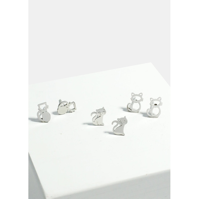 3-Pair Cats Stud Earrings Gold