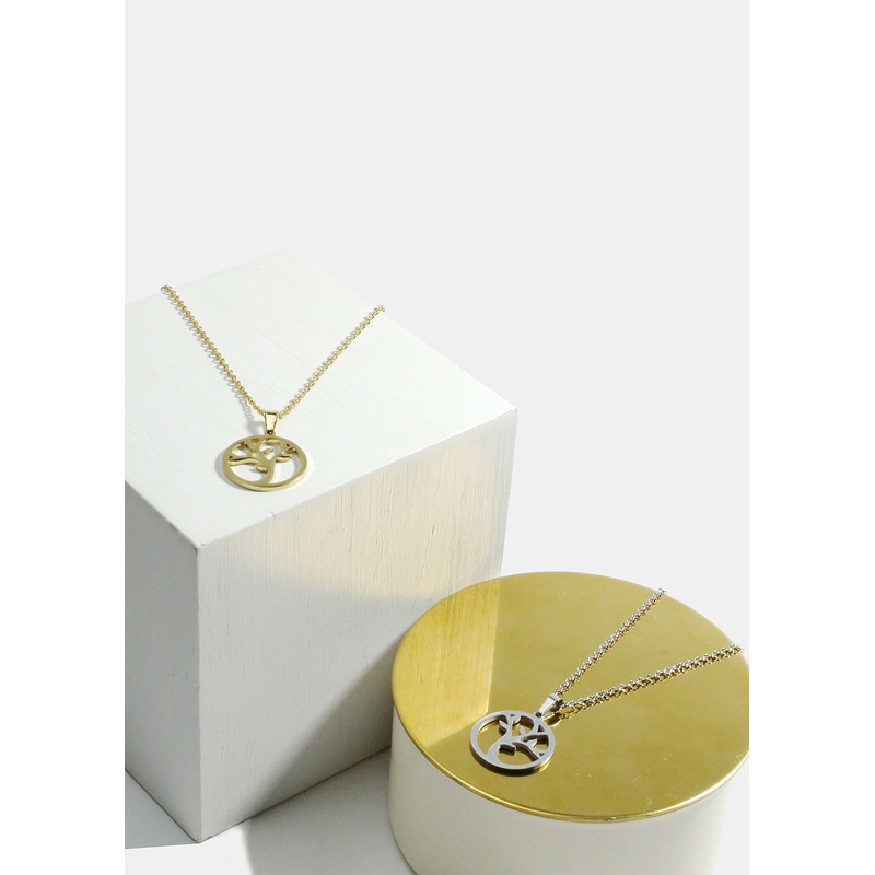 Tree in Circle Necklace Gold