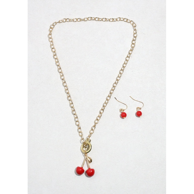 Cherry Charm Necklace & Earring Set