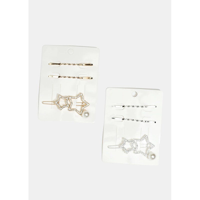 3-Piece Rhinestone Star with Pearl Hairpins Gold