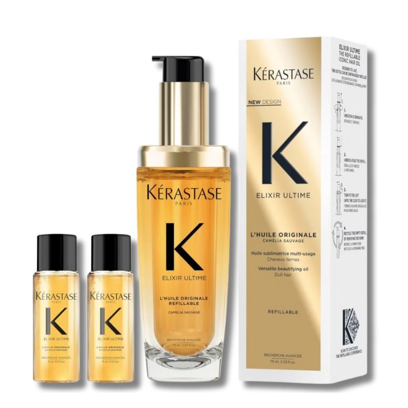 Krastase Elixir Ultime Refillable Hair Oil Bundle For All Hair Types with Argan Oil & Heat Protection
